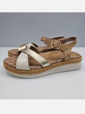 Vionic Mar Sandal Women 10 WIDE Tan Metallic Gold Leather Platform Espadrille